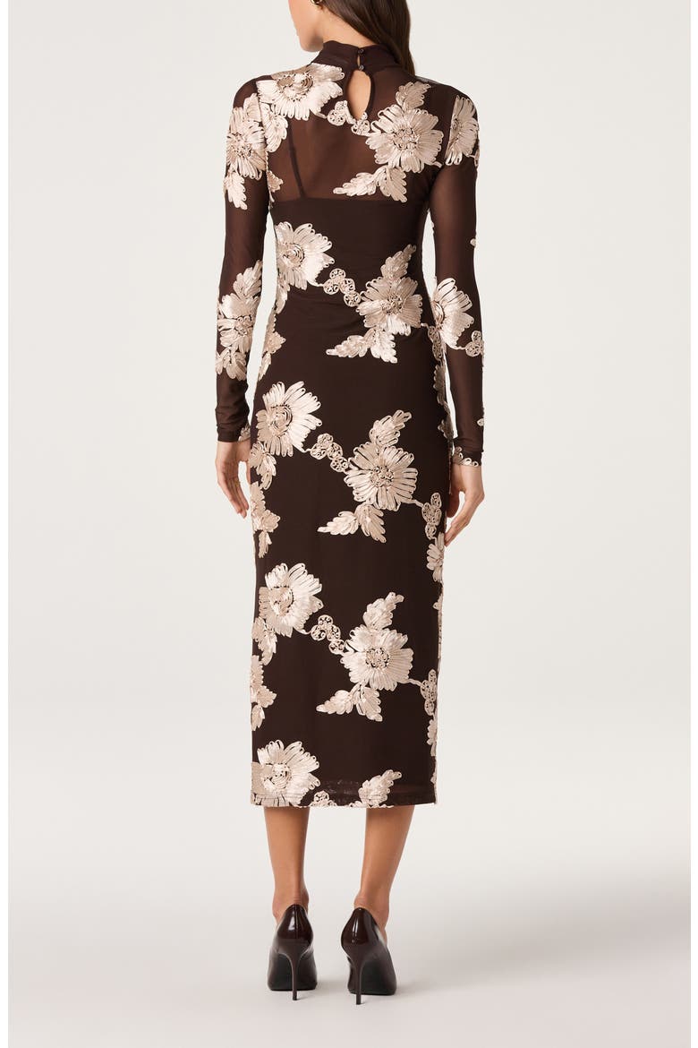 Florentine Floral Embroidered Mock Neck Midi Dress, Alternate, color, BROWN CREAM FLORAL
