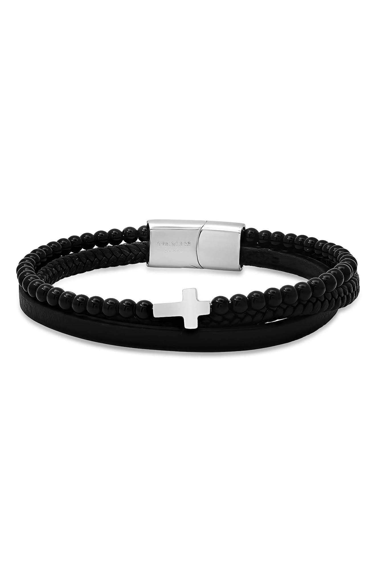 Men's Leather & Stone Beaded Layered Bracelet