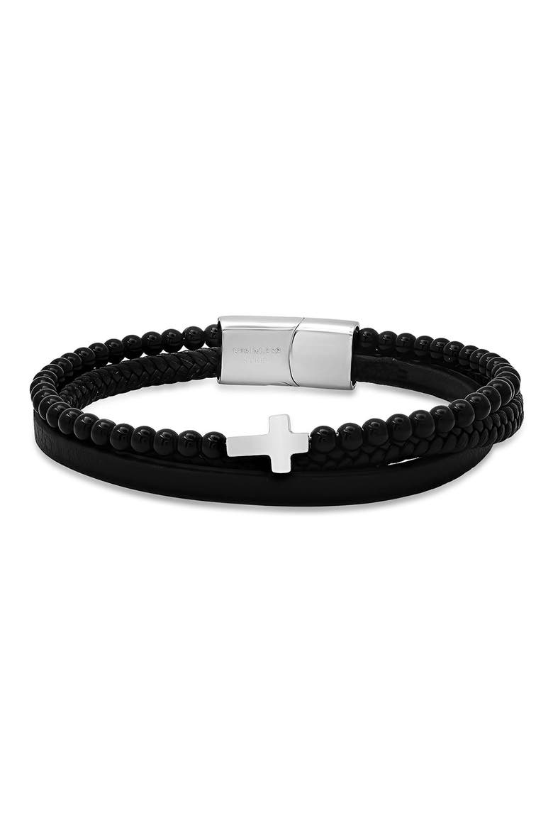 Men's Leather & Stone Beaded Layered Bracelet, Main, color, BLACK
