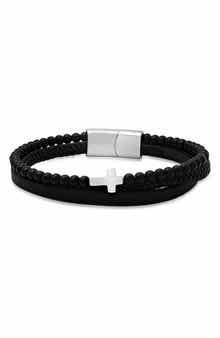 Men's Leather & Stone Beaded Layered Bracelet