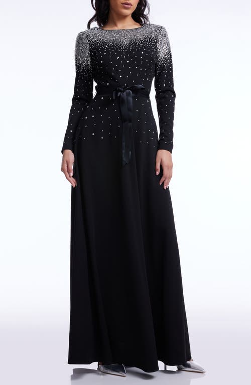 DRESS THE POPULATION DRESS THE POPULATION ACACIA RHINESTONE TIE WAIST LONG SLEEVE GOWN