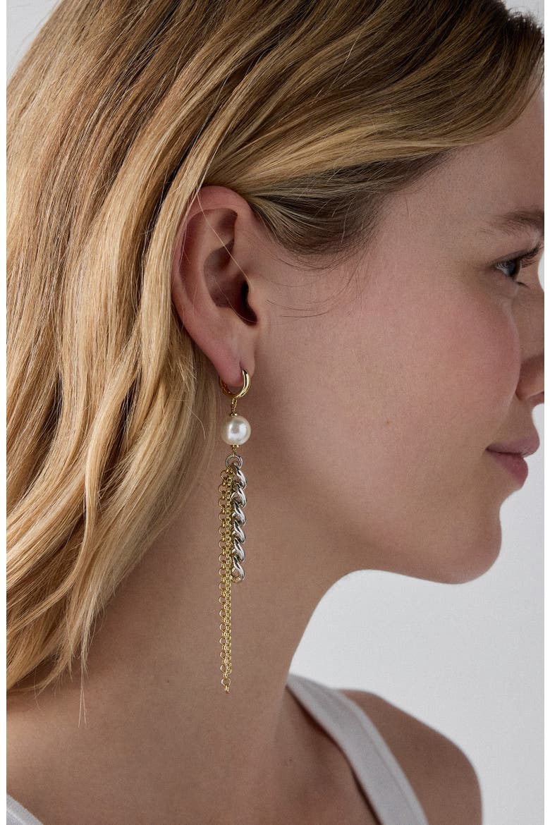 chain reaction faux pearl mismatched linear drop earrings, Alternate, color, CREAM/ MIXED METAL