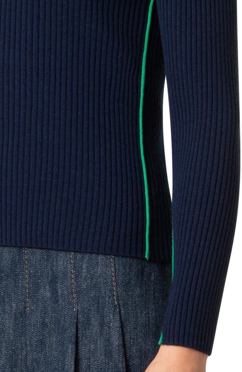 Akris Punto Ribbed Wool Cardigan With Contrast Piping In Navy-sea Green