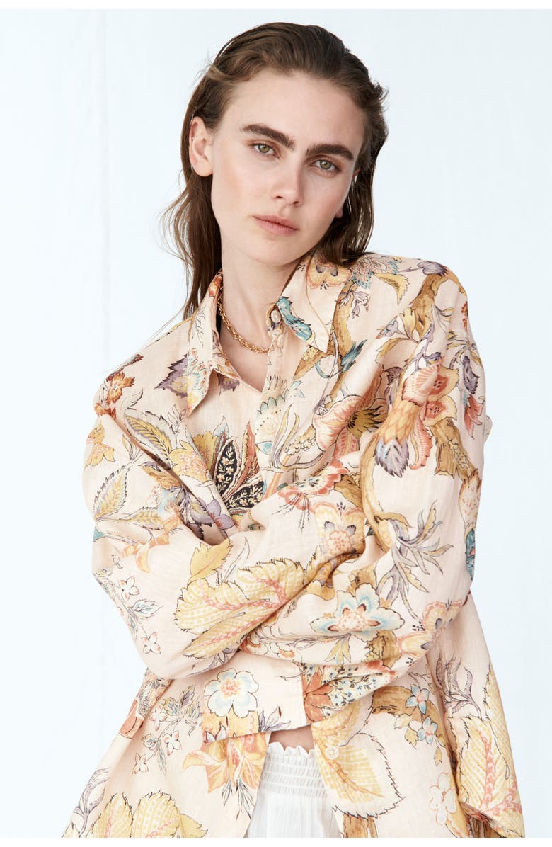 H&M Oversized Linen Shirt, Alternate, color, Light Beige/Floral