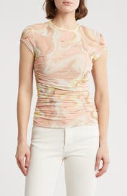 AFRM LOS ANGELES Lacey Cap Sleeve Ruched Mesh Top