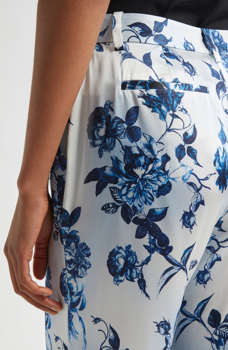 L'AGENCE Pilar Rose Print Wide Leg Silk Pants, Alternate, color, White/ Blue Painterly Floral