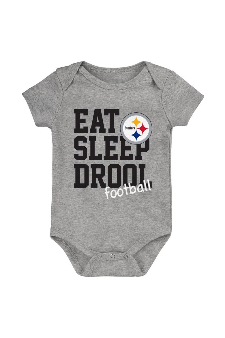 Newborn & Infant Black/Gold/Heather Gray Pittsburgh Steelers Three-Pack Eat, Sleep & Drool Retro Bodysuit Set, Alternate, color, Black