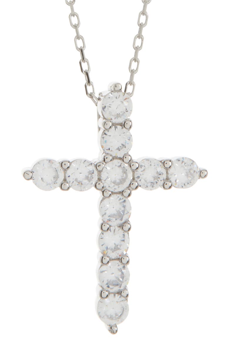 SUZY LEVIAN Sterling Silver White Cubic Zirconia Cross Pendant Necklace, Main, color, 