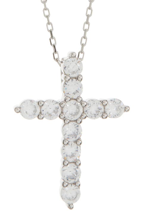 Sterling Silver White Cubic Zirconia Cross Pendant Necklace