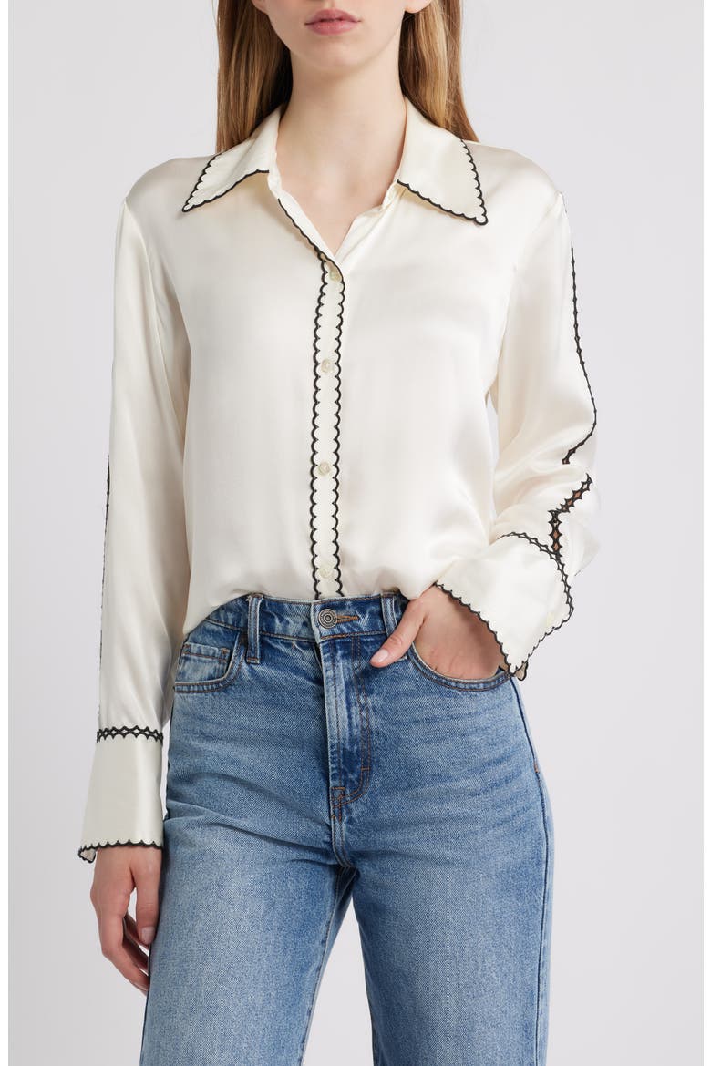Aloise Embroidered Trim Silk Button-Up Shirt, Main, color, IVORY