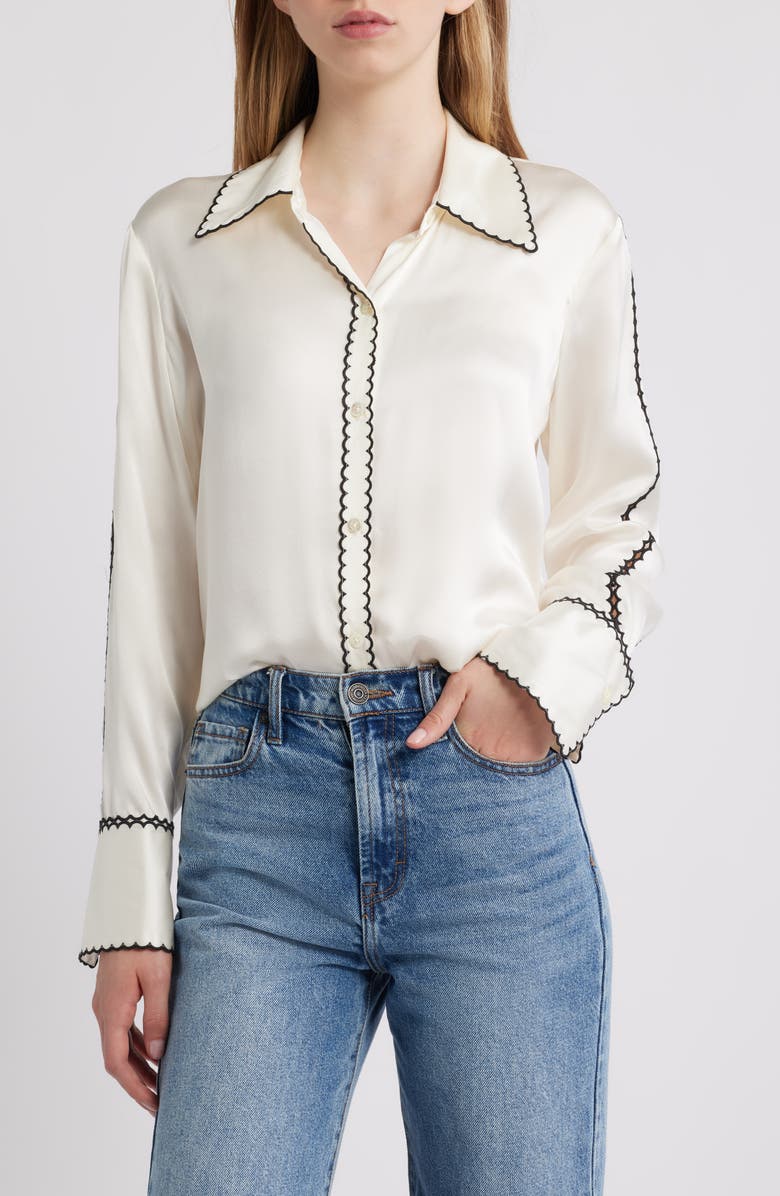 Rails Aloise Embroidered Trim Silk Button-Up Shirt, Main, color, Ivory