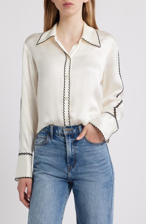 Aloise Embroidered Trim Silk Button-Up Shirt