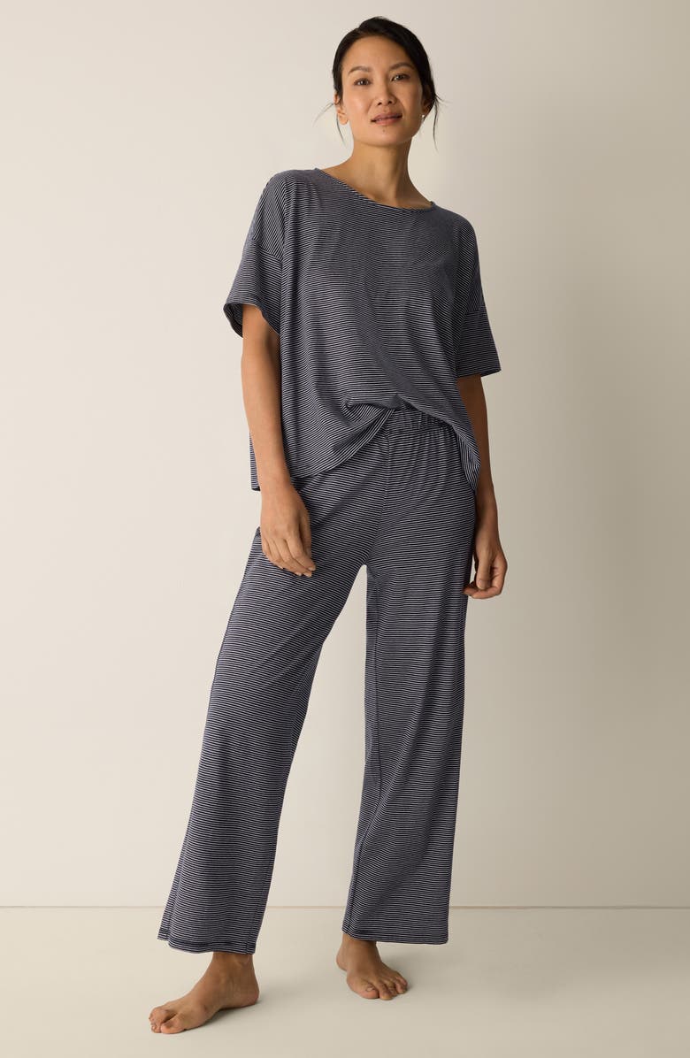 Eileen Fisher Stripe Organic Cotton Ankle Wide Leg Pull-On Pants, Alternate, color, Ink