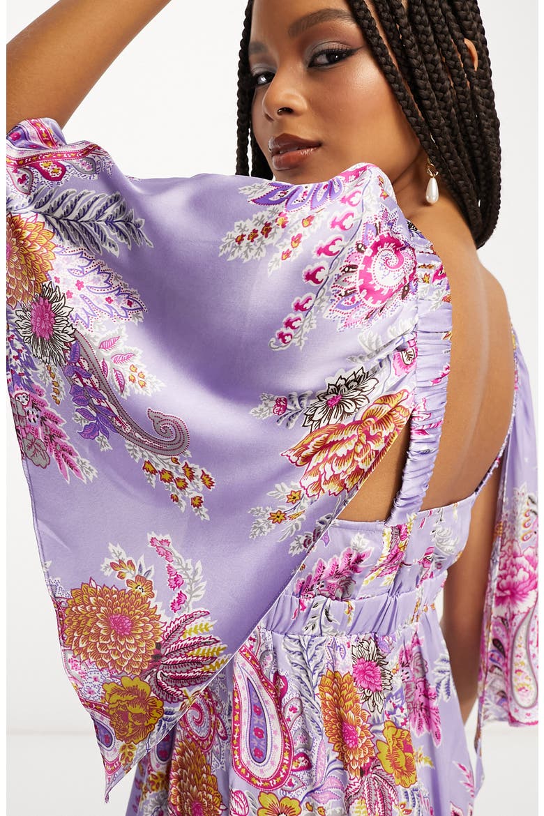 Floral Print Flutter Sleeve Satin Maxi Dress, Alternate, color, PURPLE MULTI