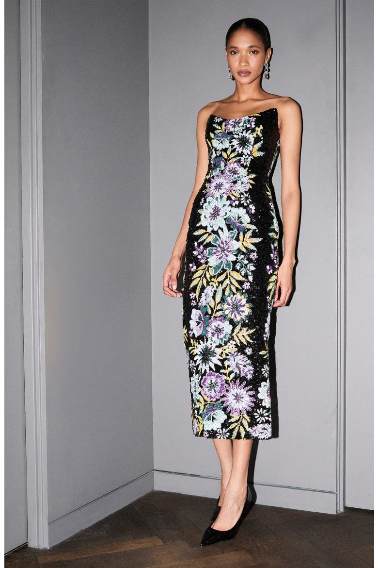 Alessandra Sequin Strapless Gown, Alternate, color, BLACK MULTI FLORAL