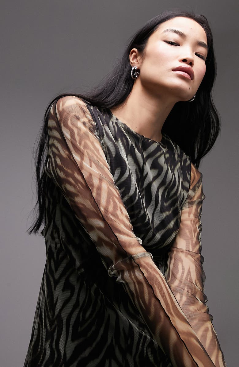 Topshop Zebra Print Long Sleeve Mesh Dress, Alternate, color,