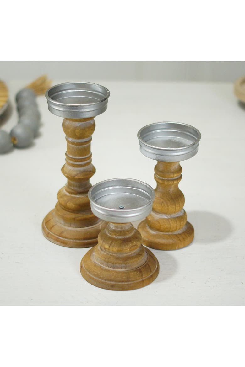 Wood Brown Turned Tapered Candle Holders, 8 Inch Decorative Candle Holder Set of 3, Alternate, color, Brown