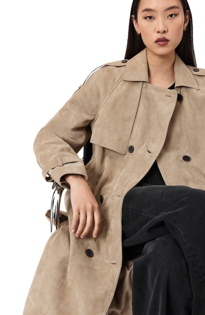 AllSaints Reed Suede Trench Coat, Alternate, color, Taupe Brown