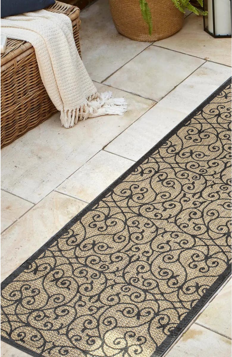 JONATHAN Y Madrid Vintage Filigree Textured Weave Indoor/Outdoor Area Rug, Alternate, color, Black/Khaki- Round