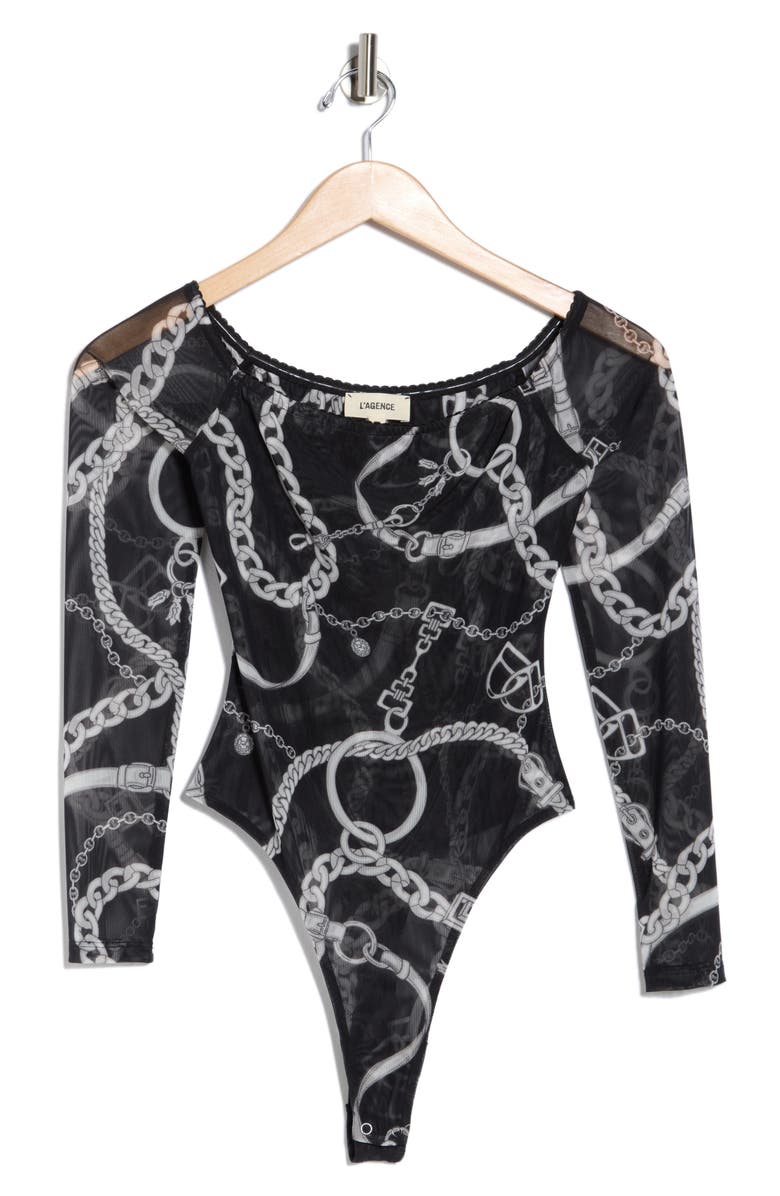 L'AGENCE Peonie Chain Off the Shoulder Mesh Bodysuit, Alternate, color,
