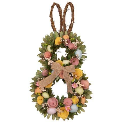 Shaved Wood Flowers Bunny Rabbit Silhouette Easter Wreath - 24"