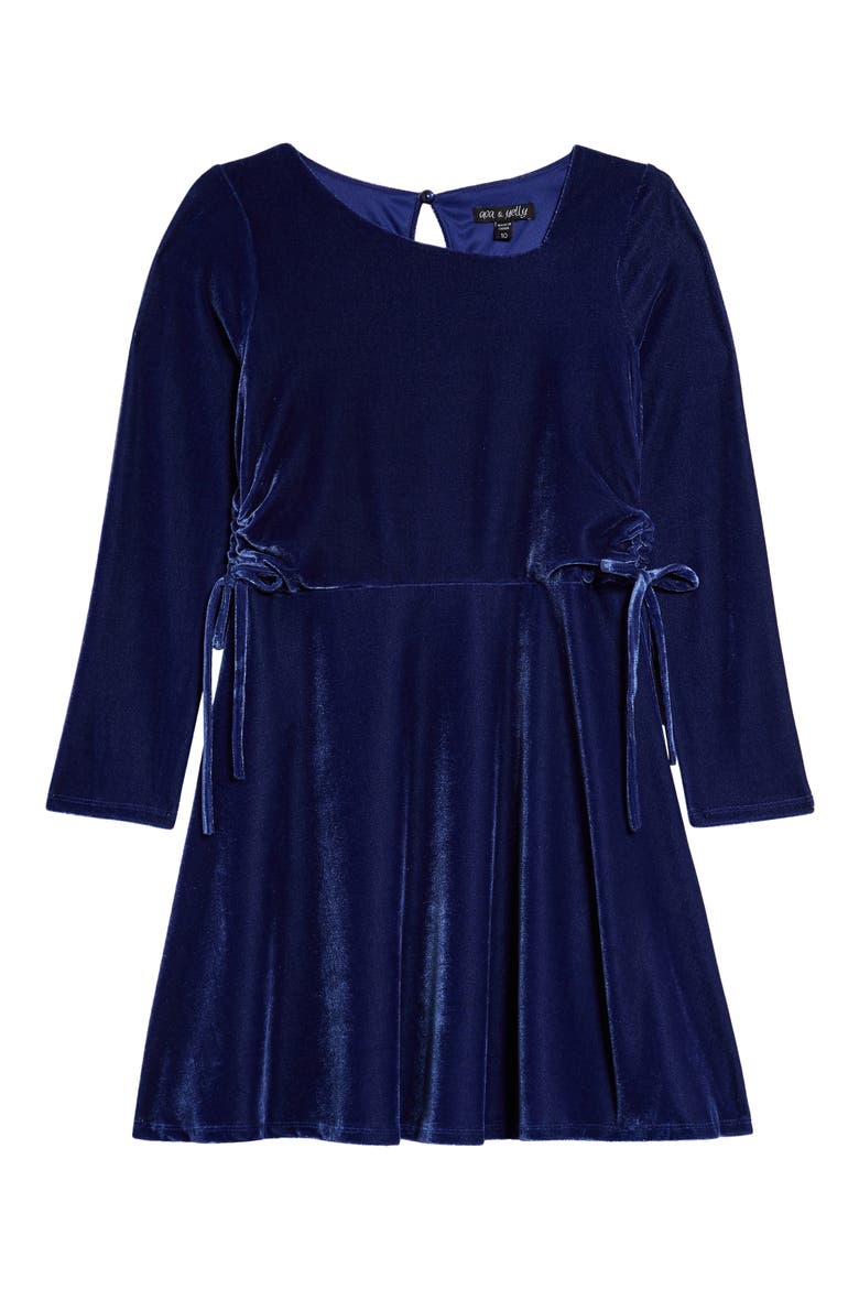 Kids' Long Sleeve Velvet Dress, Main, color, BLUE