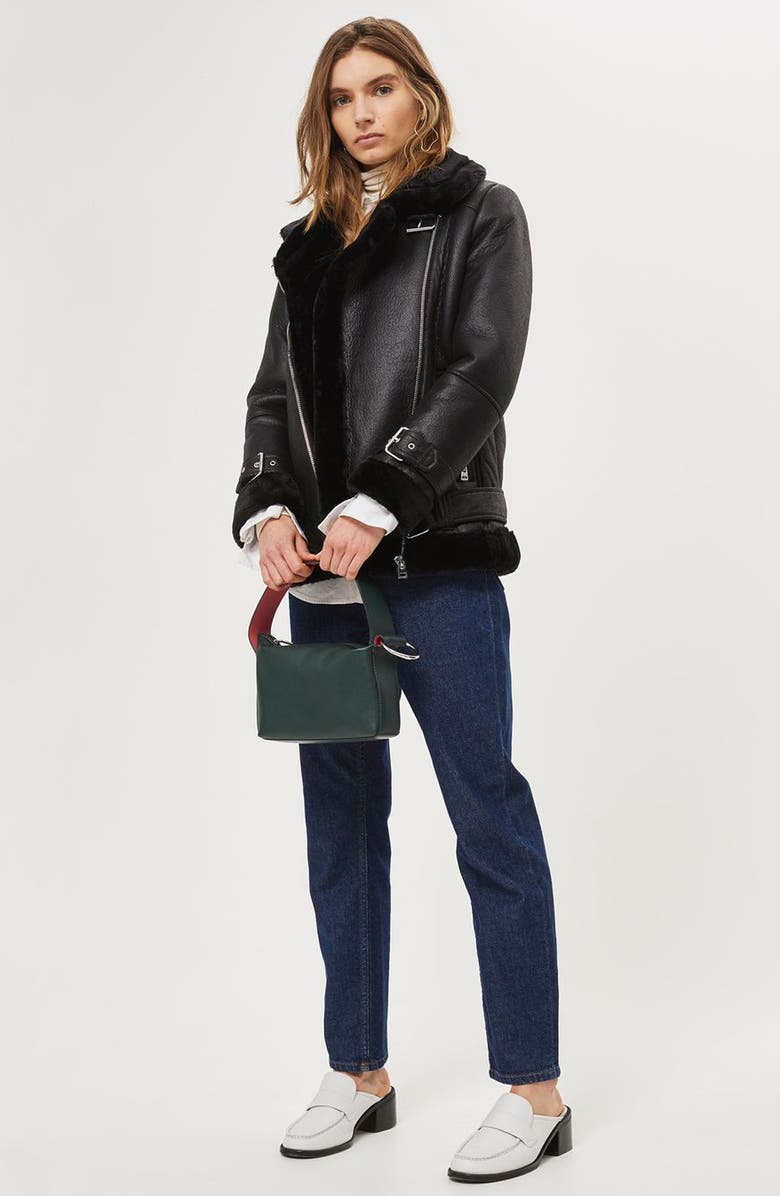 Topshop Faux Shearling Biker Jacket, Alternate, color, 