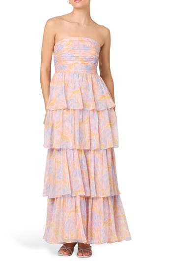 ASTR the Label Anisha Strapless Tiered Ruffle Gown in Orange Lavender Pt at Nordstrom Rack, Size X-Small