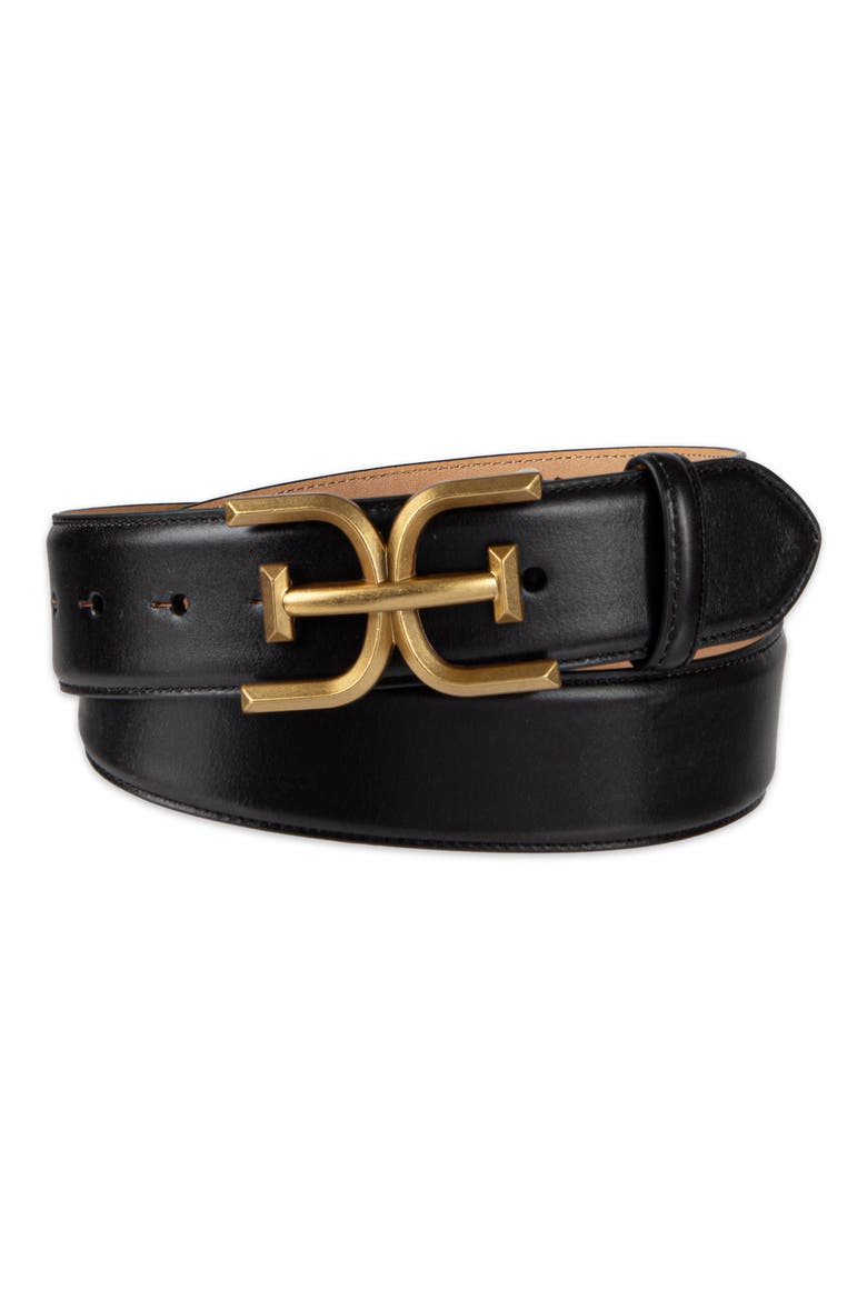 Logo Buckle Leather Belt, Main, color, BLACK