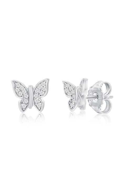 Sterling Silver Pavé CZ Butterfly Stud Earrings