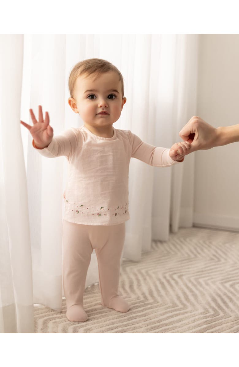 MiniMoi Baby Girls Flouncy Floral Overlay Embroidered Cotton Rich Footie, Alternate, color, Barely Pink