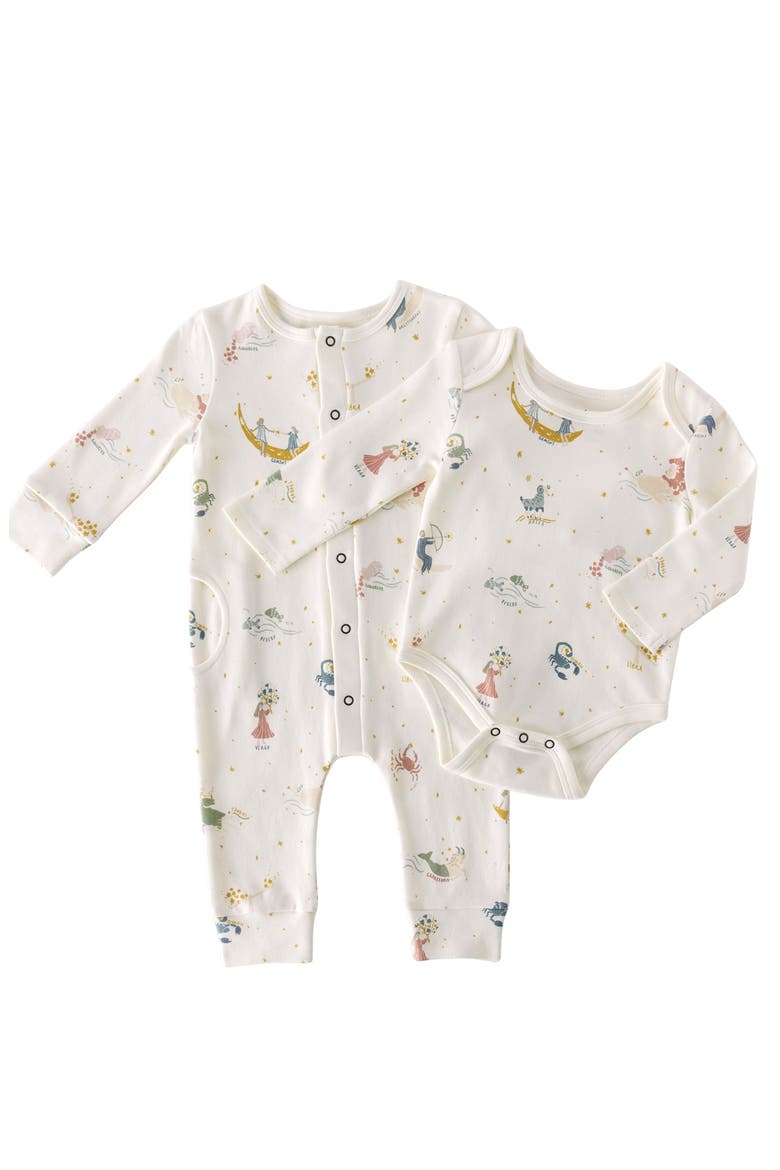 Print Long Sleeve Organic Cotton Placket Romper, Alternate, color, ZODIAC