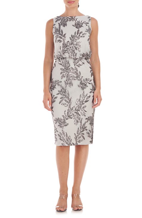 Jacqueline Sequin Leaf Print Blouson Cocktail Midi Dress