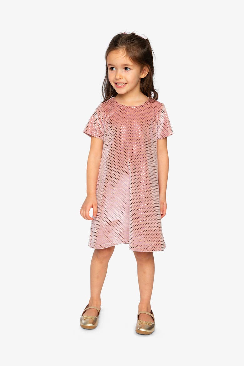 Short Sleeve Sparkle Velour A-Line Dress, Alternate, color, Pink