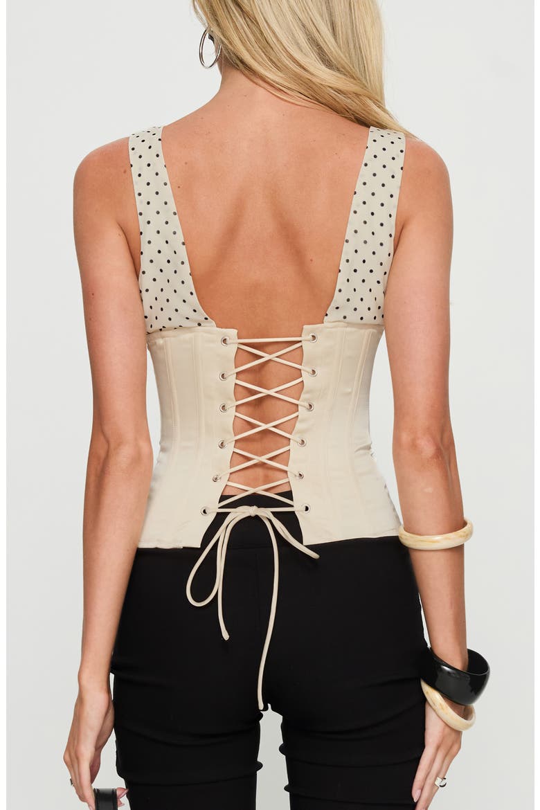 Briannah Mixed Media Corset Top, Alternate, color, CREAM POLKA