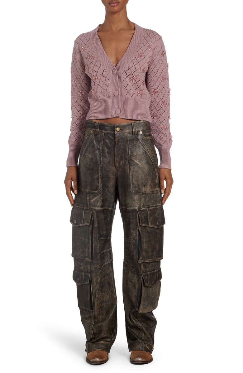 Golden Goose Embellished Pointelle Crop Cotton V-Neck Cardigan, Alternate, color, Twilight Mauve