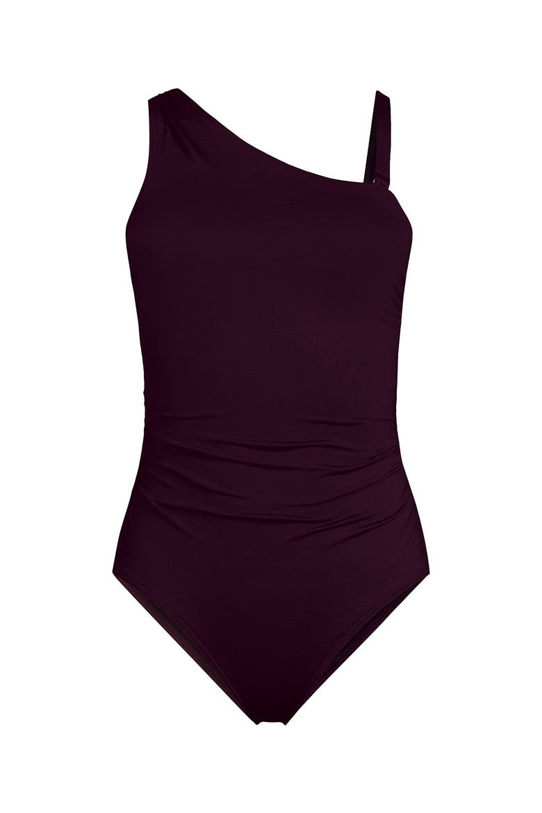 Womens Chlorine Resistant Shirred One Shoulder One Piece Swimsuit Removable Adjustable Strap, Alternate, color, Dark Wine