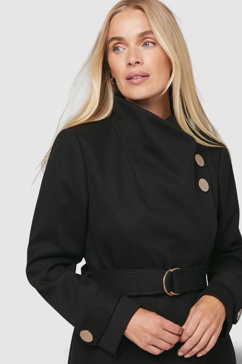 Petite Funnel Neck Tie Belt Coat, Alternate, color, Black