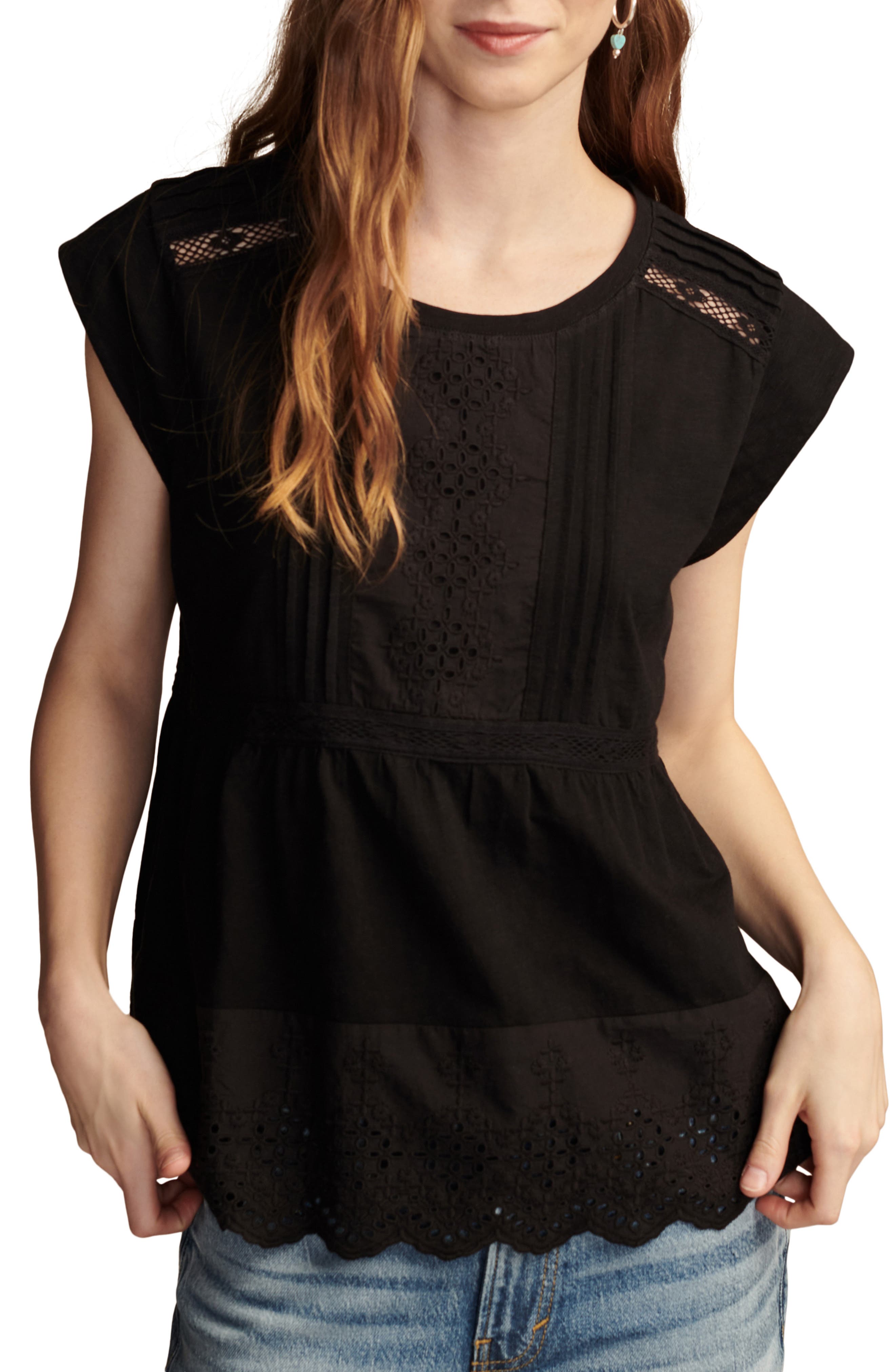 lucky brand black embroidered top