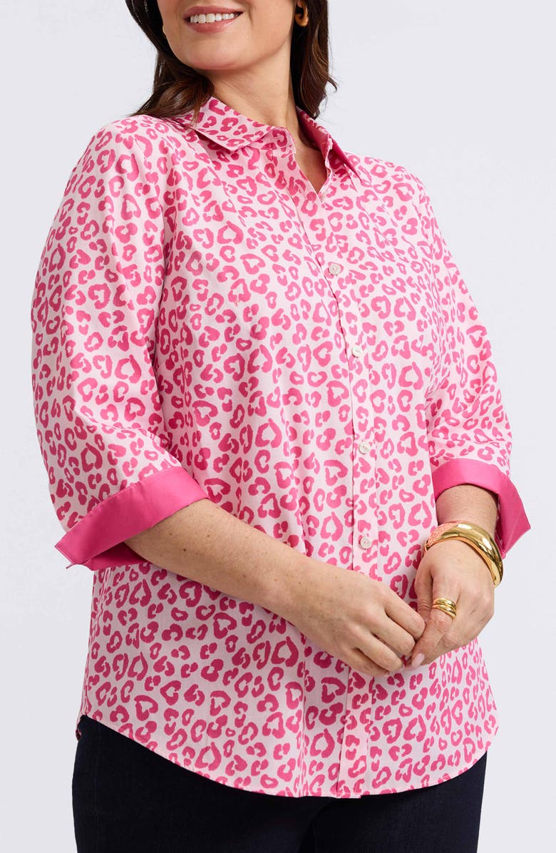 Foxcroft Margie Leopard Print Three-Quarter Sleeve Cotton Button-Up Shirt, Main, color, Pink Flambe Multi