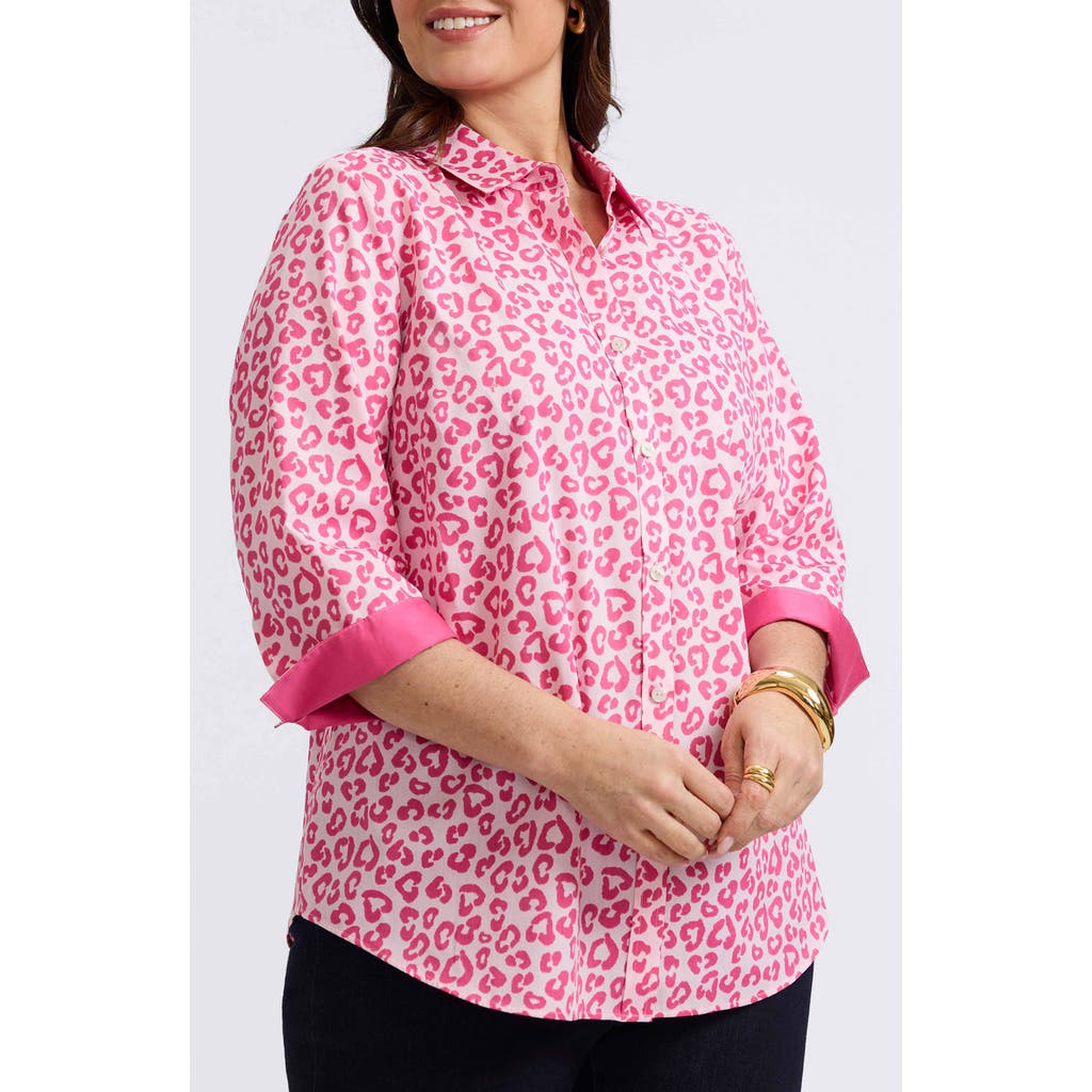 FOXCROFT FOXCROFT MARGIE LEOPARD PRINT THREE-QUARTER SLEEVE COTTON BUTTON-UP SHIRT
