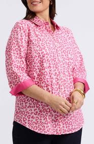 Foxcroft Margie Leopard Print Three-Quarter Sleeve Cotton Button-Up Shirt