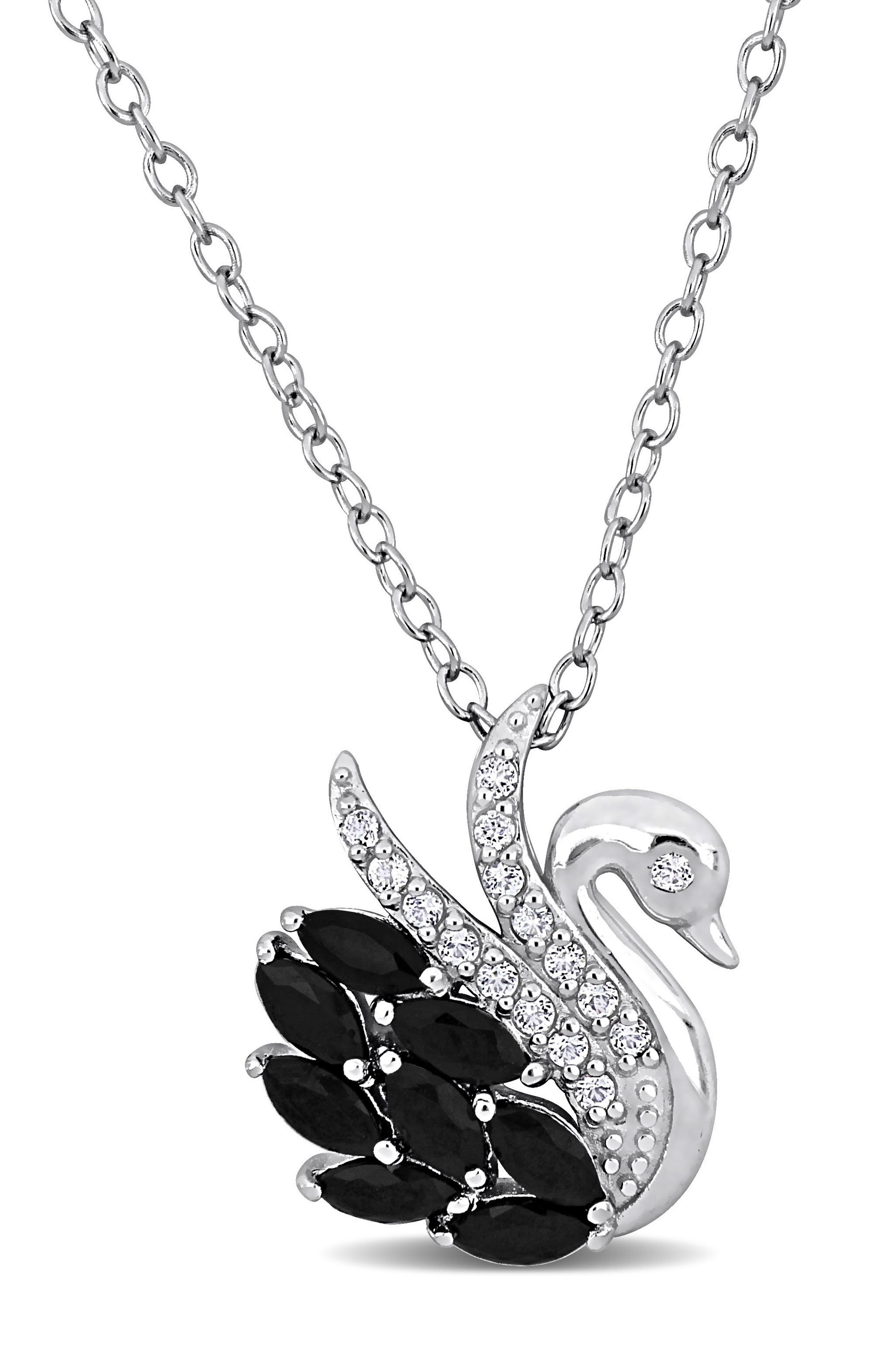 DELMAR Black Spinel & White Topaz Swan Pendant Necklace
