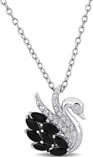 DELMAR Black Spinel & White Topaz Swan Pendant Necklace