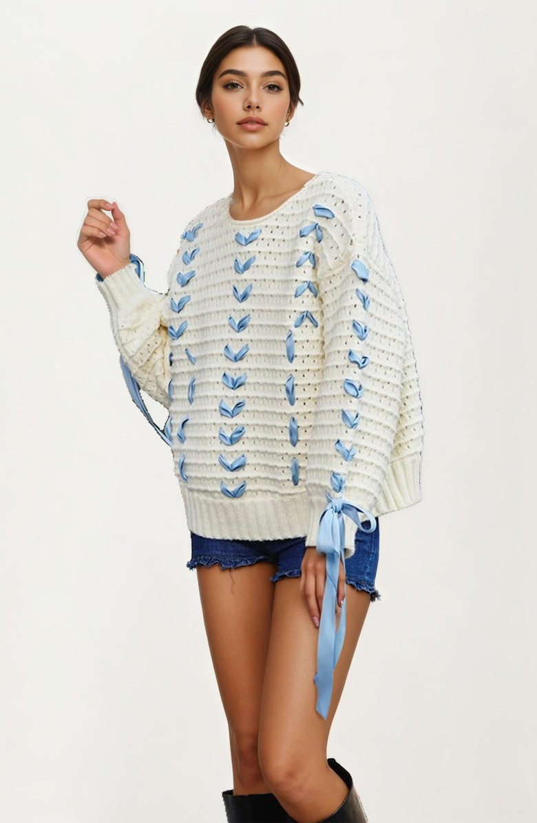 Knit and Lounge Ribbon Tie Crochet Sweater, Alternate, color, Ivory / Blue Ribbon