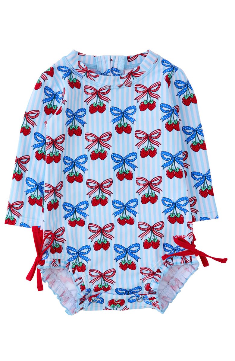 RuffleButts Baby Girls UPF50+ Sun Protected Americana Long Sleeve One Piece Rash Guard, Main, color, Berries & Bows