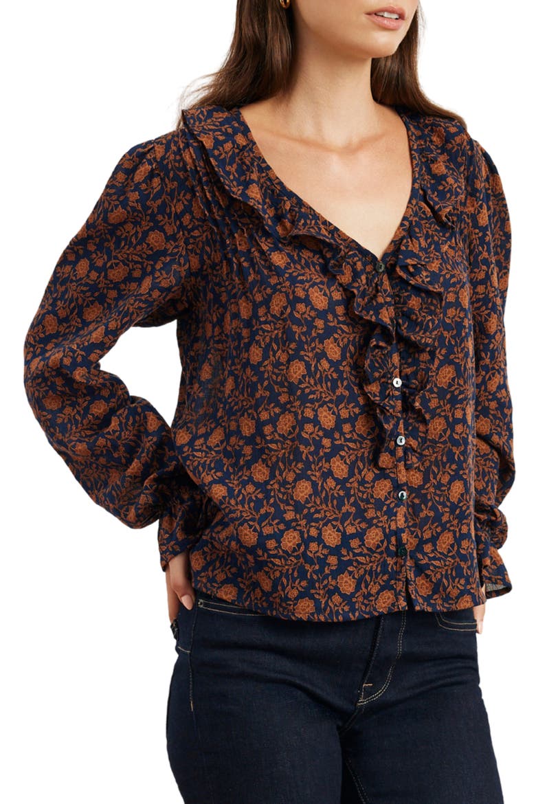 Long Sleeve Chloe Ruffle Shirt, Alternate, color, Navy Batik