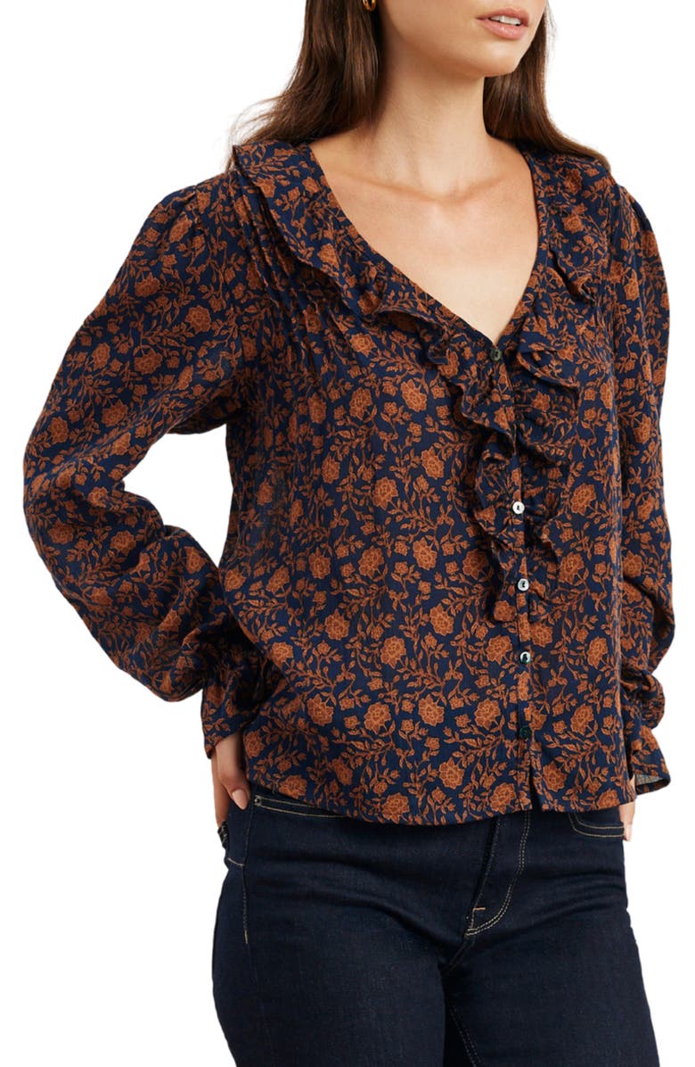 Paneros Clothing Long Sleeve Chloe Ruffle Shirt, Alternate, color, Navy Batik