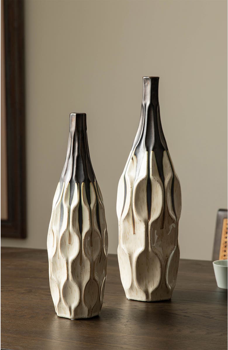 Glitzhome Set of 2 Modern Geometric Faceted Ceramic Table Vases, Alternate, color, White