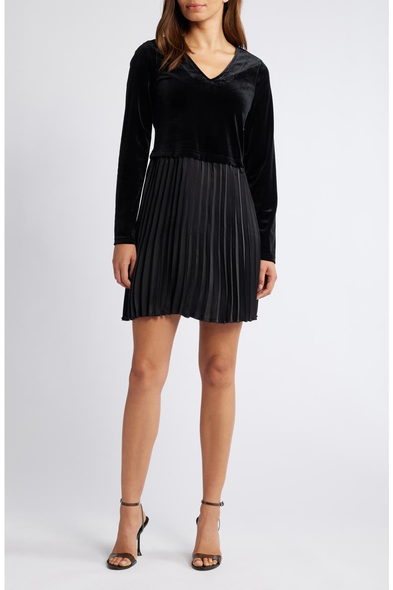 Pleated Ling Sleeve Mixed Media Velvet Minidress, Main, color, BLACK